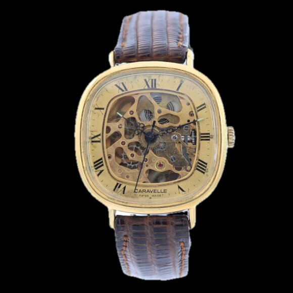 Vintage Caravelle Skeleton Dial Men's Mechanical Wristwatch Swiss Gold Tone 3 - Picture 6 of 6